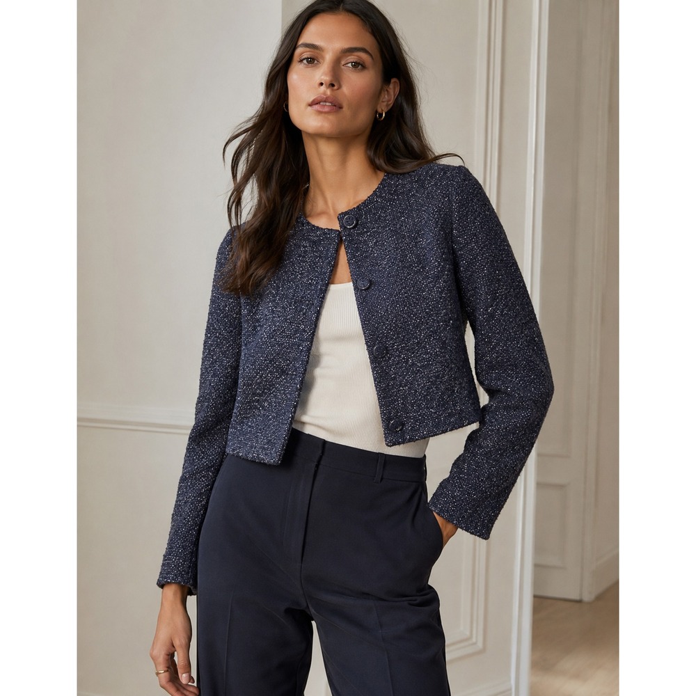 Aritzia Babaton Women's Cropped Tweed Jacket Navy Blue Buttons Size 10 Career